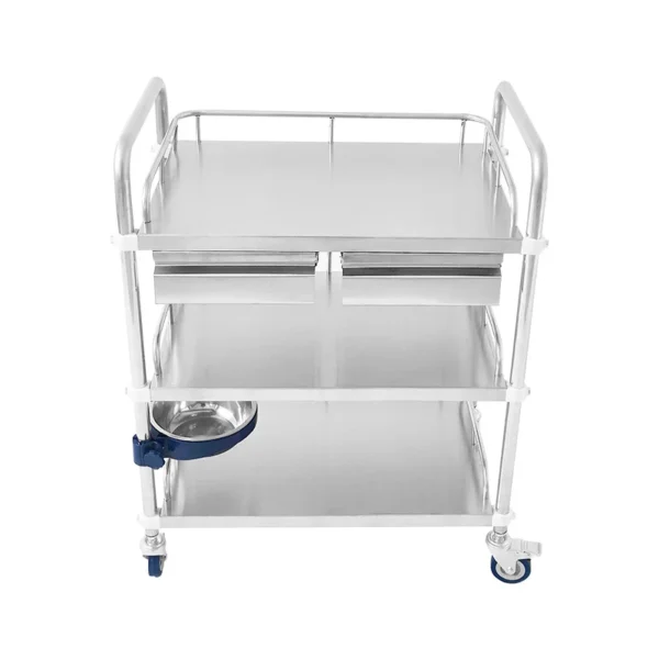 NL230101 SSQX07 Assembled Stainless Steel 3 Layer Instrument Trolley 2 Drawers 1 Dirt Basin 1