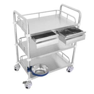 NL230101-SSQX07 Assembled Stainless Steel 3-Layer Instrument Trolley 2 Drawers 1 Dirt Basin