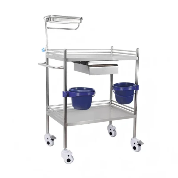 NL230101 SSQX19 Integral Welded Stainless Steel 2 Layer Instrument Trolley 1 Drawer 2 Dirt Basins